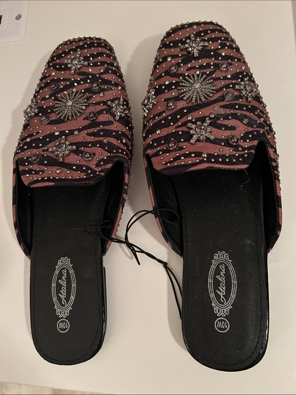 Atalina Embellished Goldtone & Black Zebra Slip-On Embellished Mules 10W NWOT.